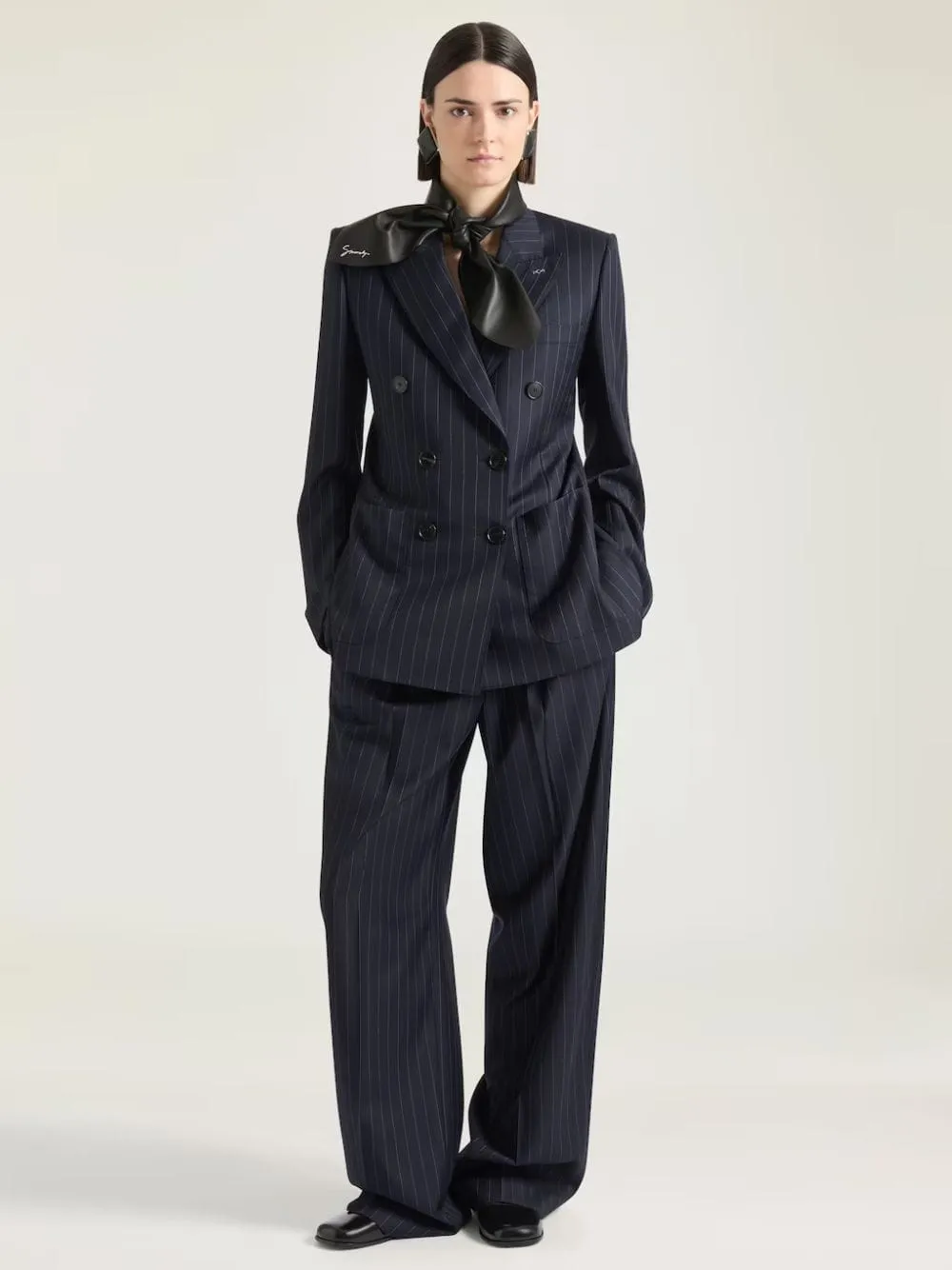 Dark Navy Double-Breasted Wool Pinstripe Blazer sold by Fashion Clinic product image thumbnail 2