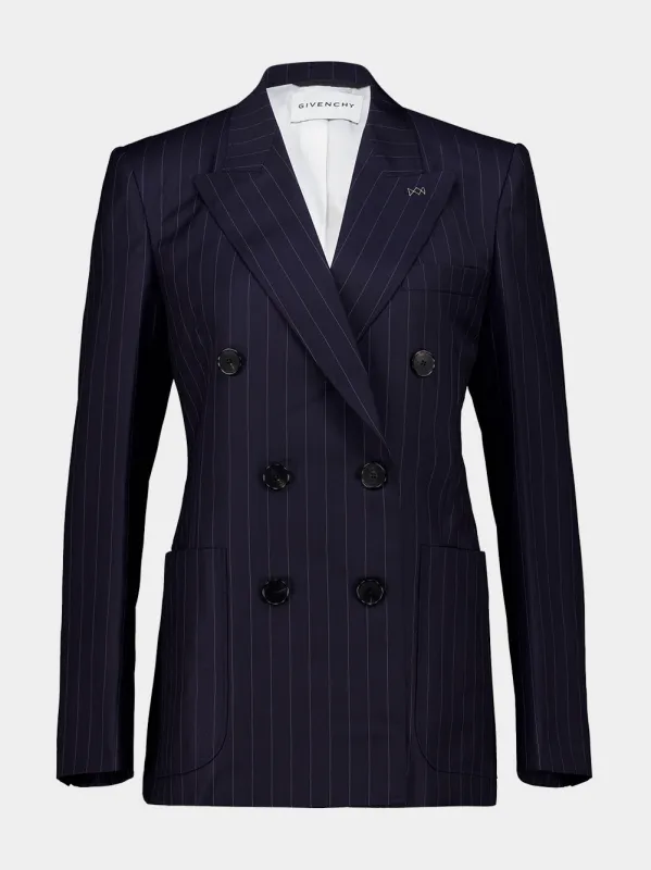 Dark Navy Double-Breasted Wool Pinstripe Blazer made by Givenchy