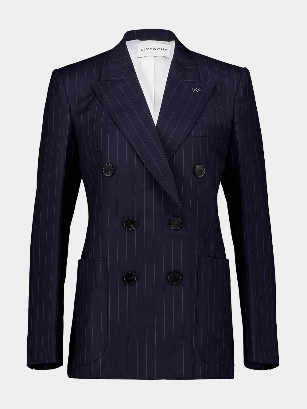 Dark Navy Double-Breasted Wool Pinstripe Blazer sold by Fashion Clinic
