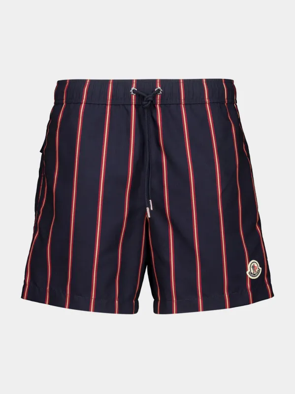 Navy Blue and Red Striped Swim Shorts made by Moncler