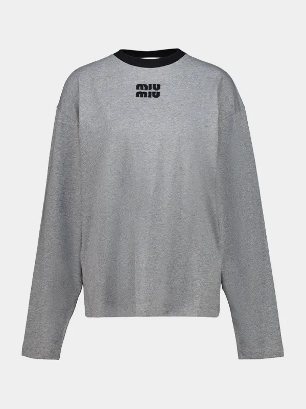 Gray and Black Cotton Jersey Long-Sleeve T-Shirt made by Miu Miu