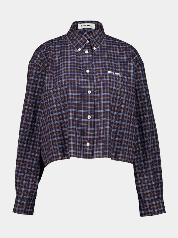 Blue and Cacao Embroidered Cotton Check Shirt made by Miu Miu