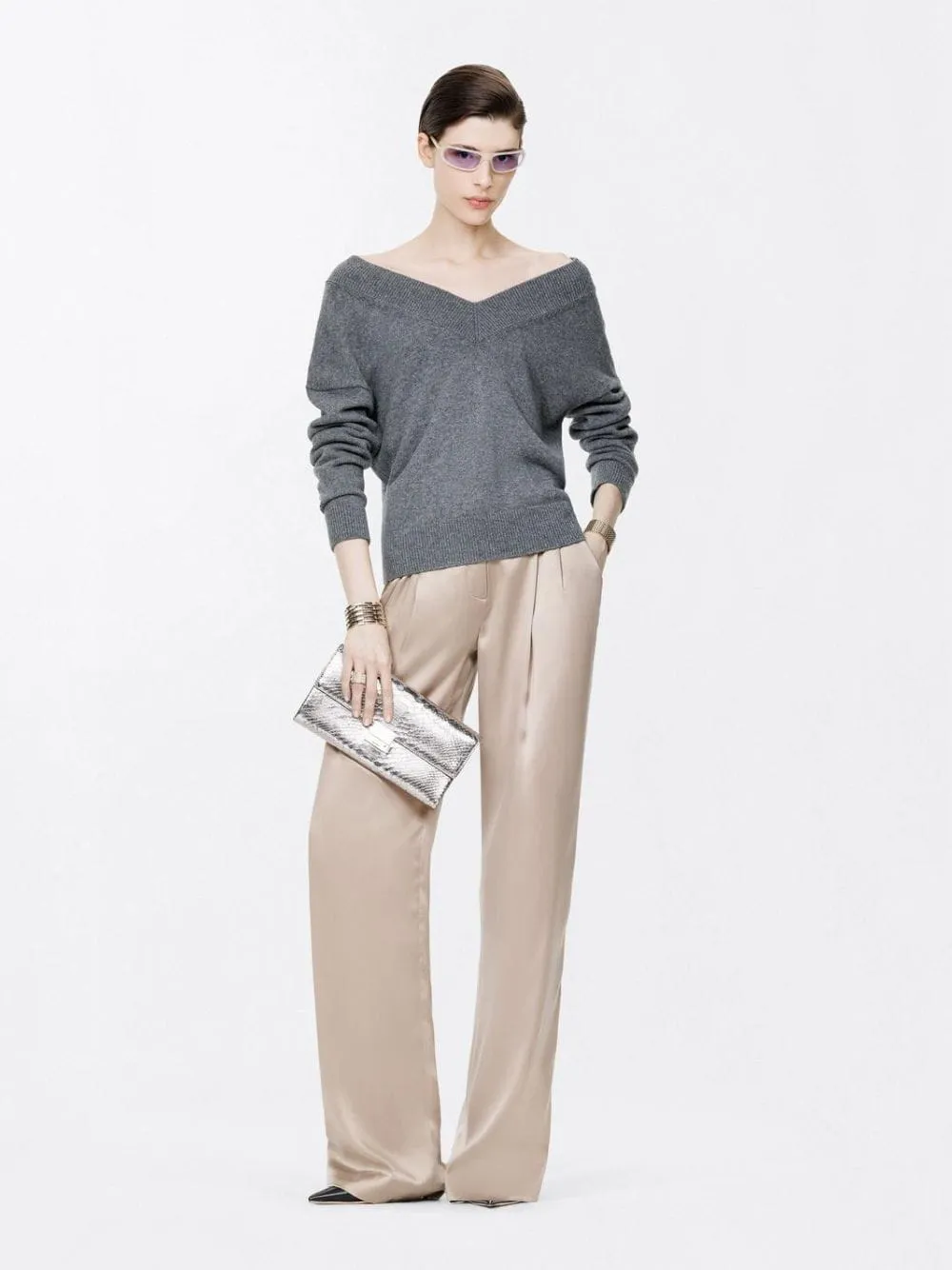 Desert Taupe Silk Satin Double Pleat Pants sold by Fashion Clinic