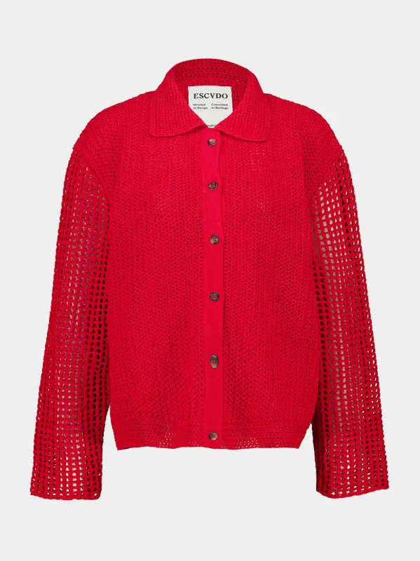 Red Solar Hand-Knitted Cotton Cardigan made by ESCVDO