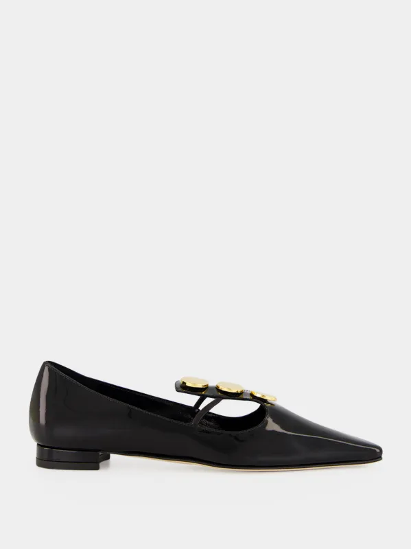 Black Khafre Patent Leather Flat Pumps made by Manolo Blahnik