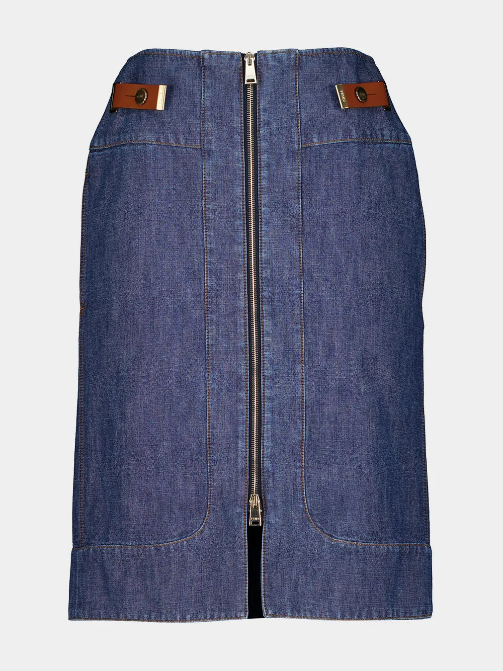 Blue Denim Zip-Front Midi Skirt sold by Fashion Clinic