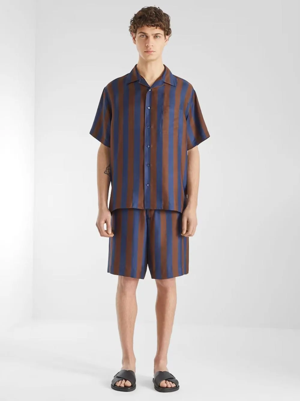 Navy Blue and Brown Pequin Silk Shorts sold by Fashion Clinic product image thumbnail 2