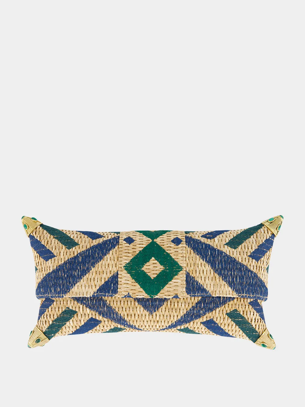 Cecil Blue and Green Seaside Embroidered Straw Clutch sold by Fashion Clinic