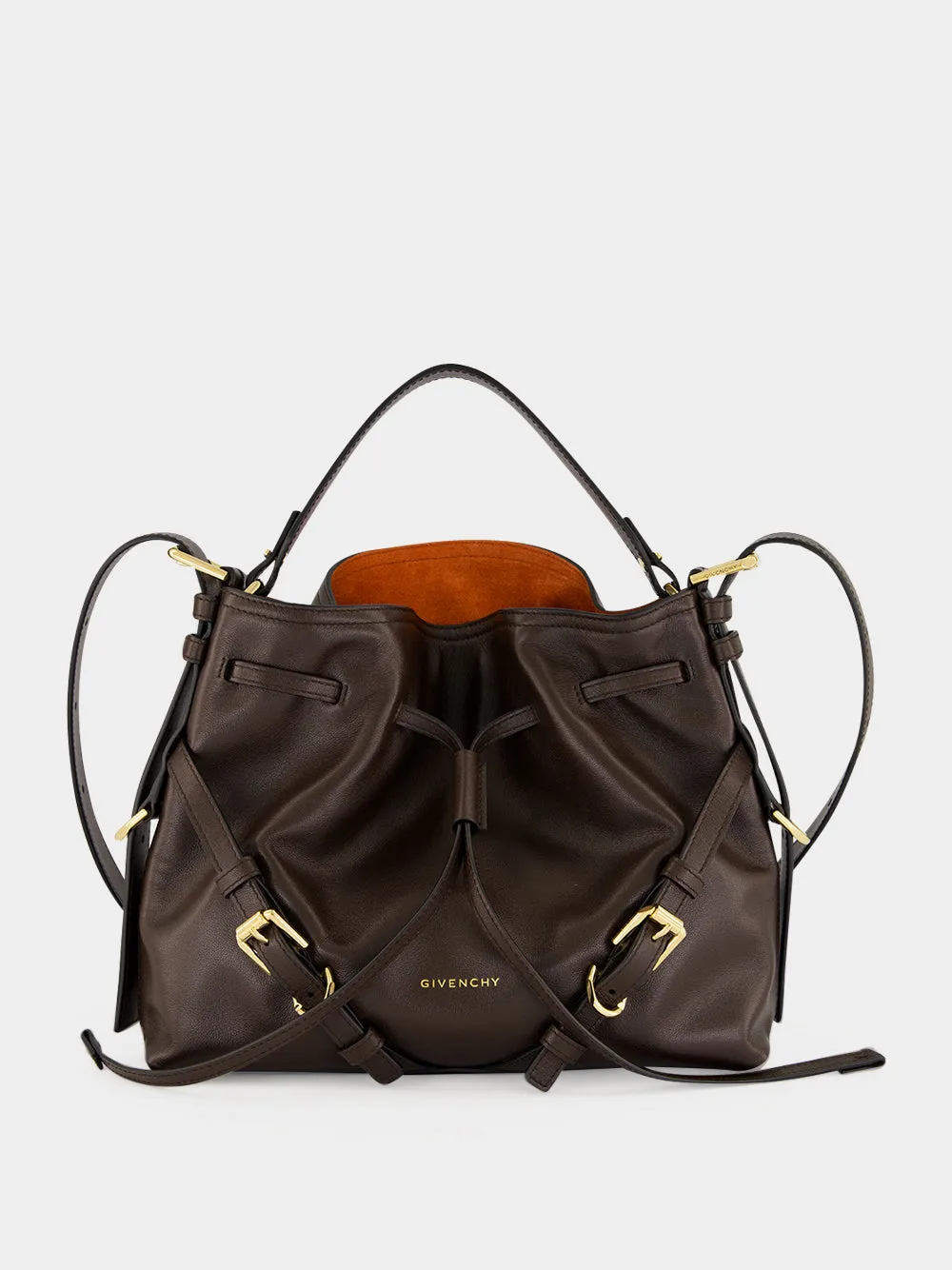 Chocolate Small Voyou Bucket Bag in Shiny Leather sold by Fashion Clinic