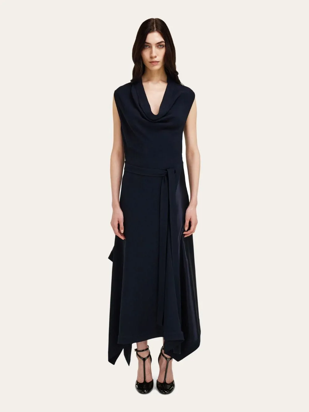 Navy Asymmetric Draped Dress sold by Fashion Clinic