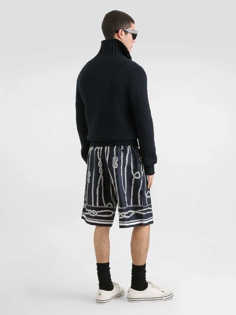 Navy Blue Marina-Print Silk Vanity Bermuda Shorts sold by Fashion Clinic product image thumbnail 3