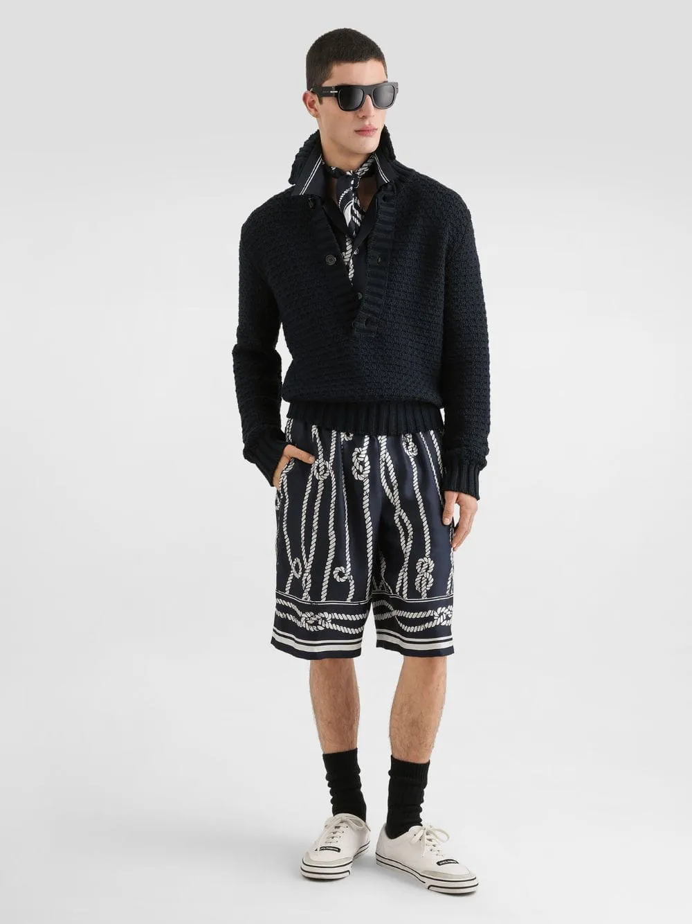 Navy Blue Marina-Print Silk Vanity Bermuda Shorts sold by Fashion Clinic