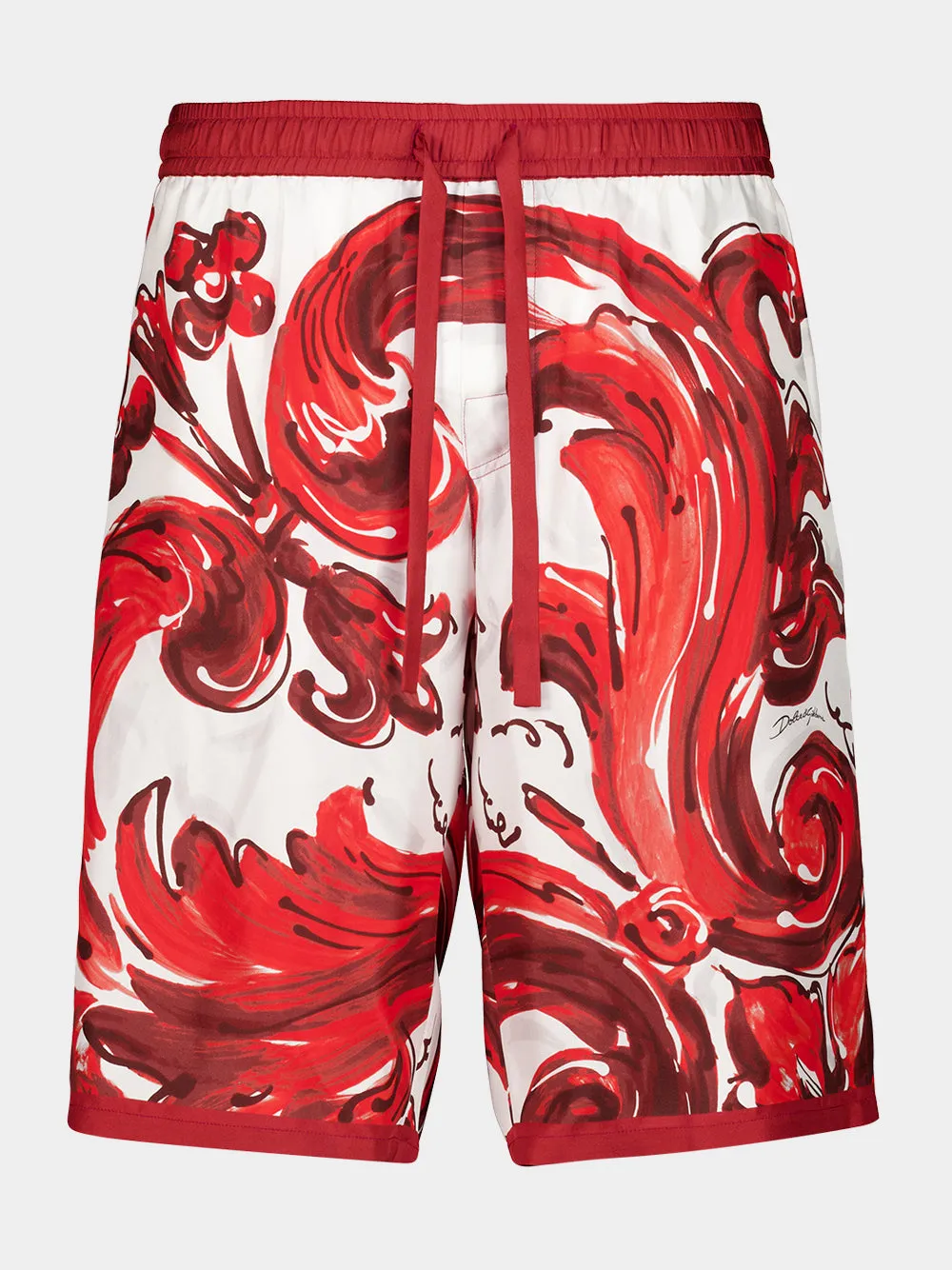 Red Majolica-Print Silk Vanity Bermuda Shorts sold by Fashion Clinic