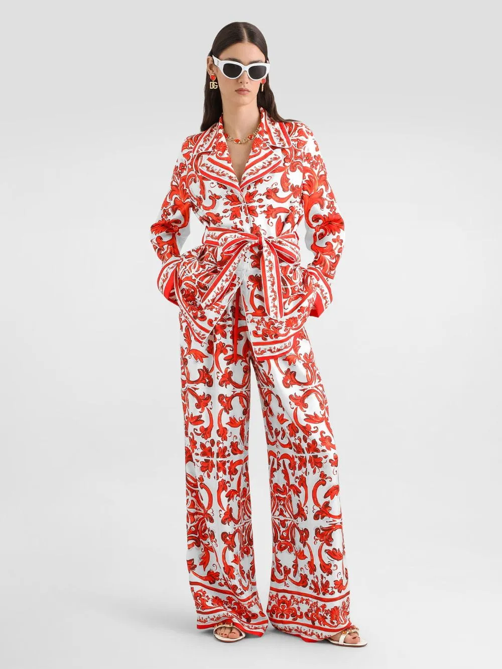 Orange Majolica-Print Silk Wide-Leg Trousers sold by Fashion Clinic