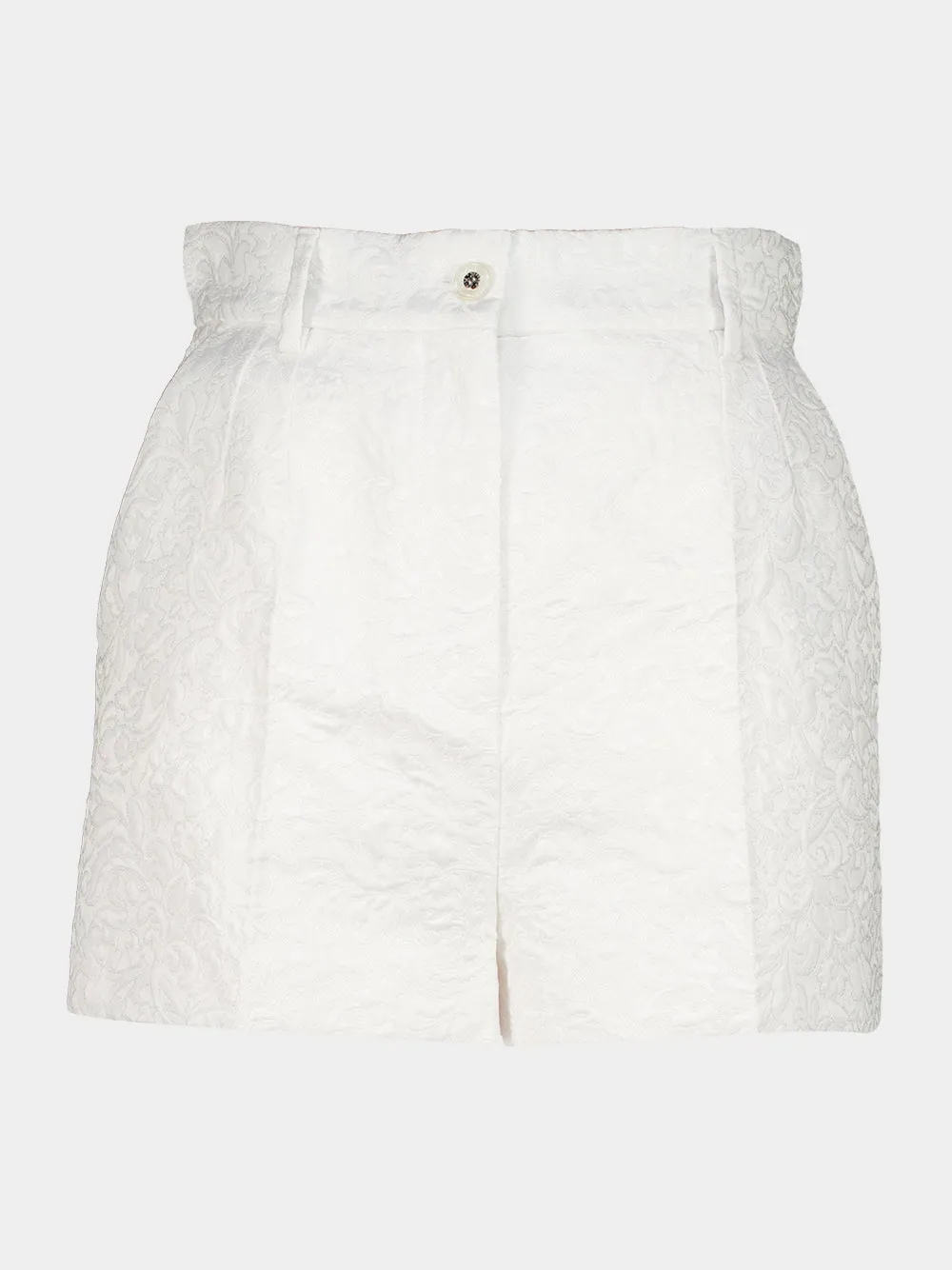 White Quilted Jacquard Floral Shorts sold by Fashion Clinic