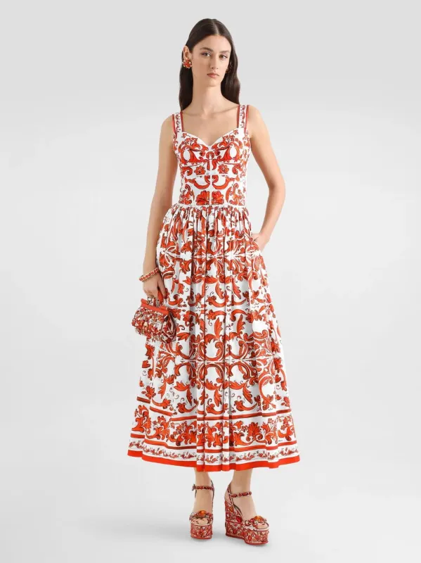 Orange Majolica-Print Long Poplin Dress made by Dolce & Gabanna