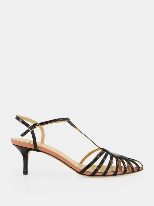 Black Patent Leather Cage Sandals made by Francesco Russo