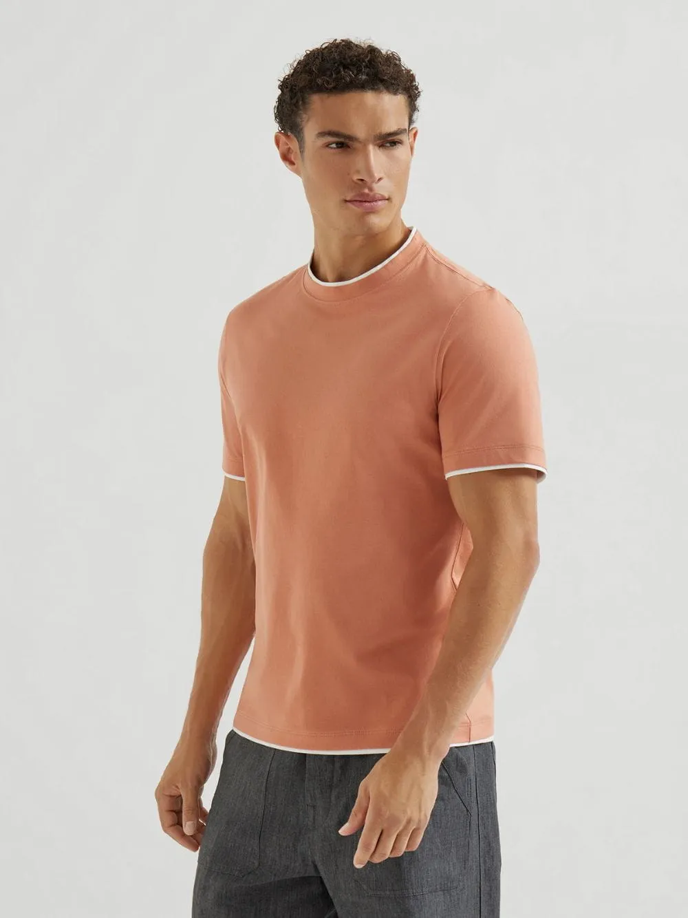 Apricot Cotton Faux-Layered Crew Neck T-Shirt sold by Fashion Clinic