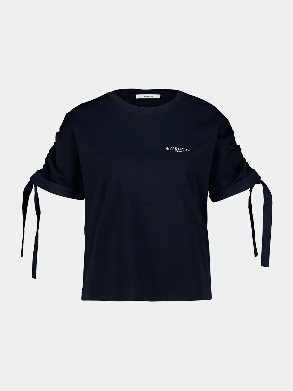 Navy Gathered Sleeve Cotton T-Shirt sold by Fashion Clinic