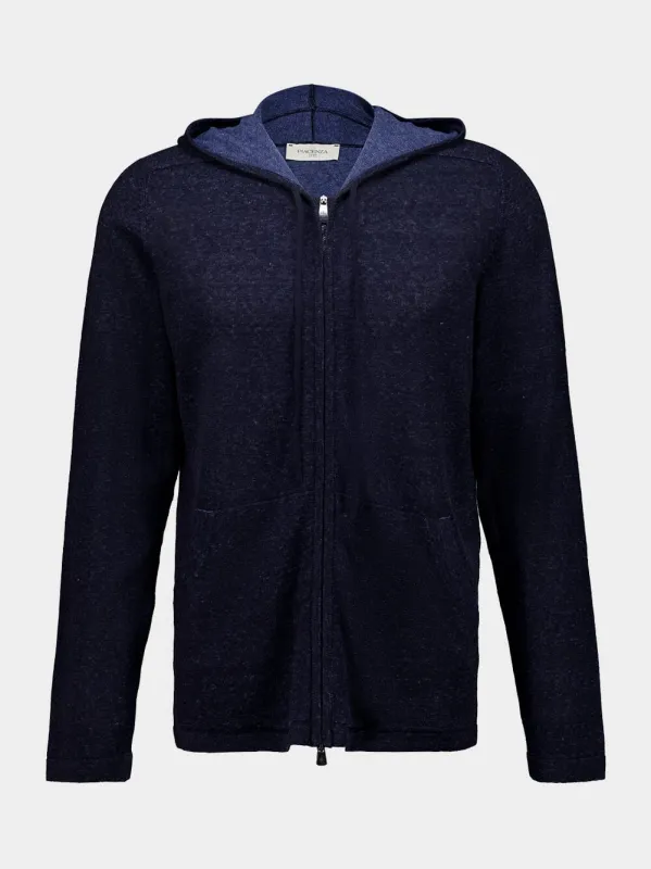 Navy Blue Silk Linen Zip Hooded Sweatshirt made by Fashion Clinic