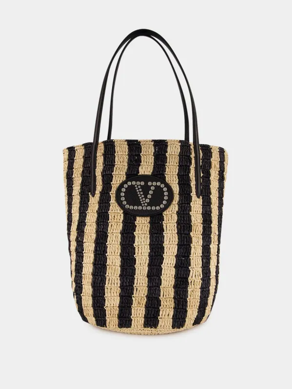 Natural and Black Striped Raffia Shopping Bag made by Valentino Garavani