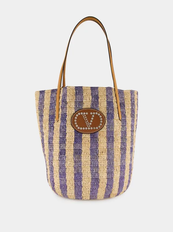 Natural and Blue Striped Raffia Shopping Bag made by Valentino Garavani
