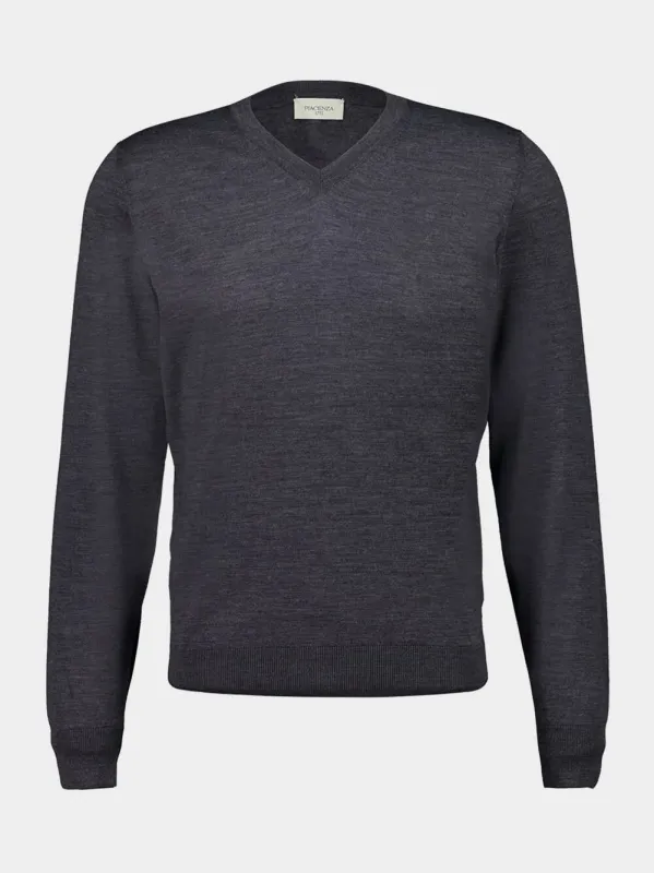 Grey Virgin Wool V-Neck Jumper made by Fashion Clinic