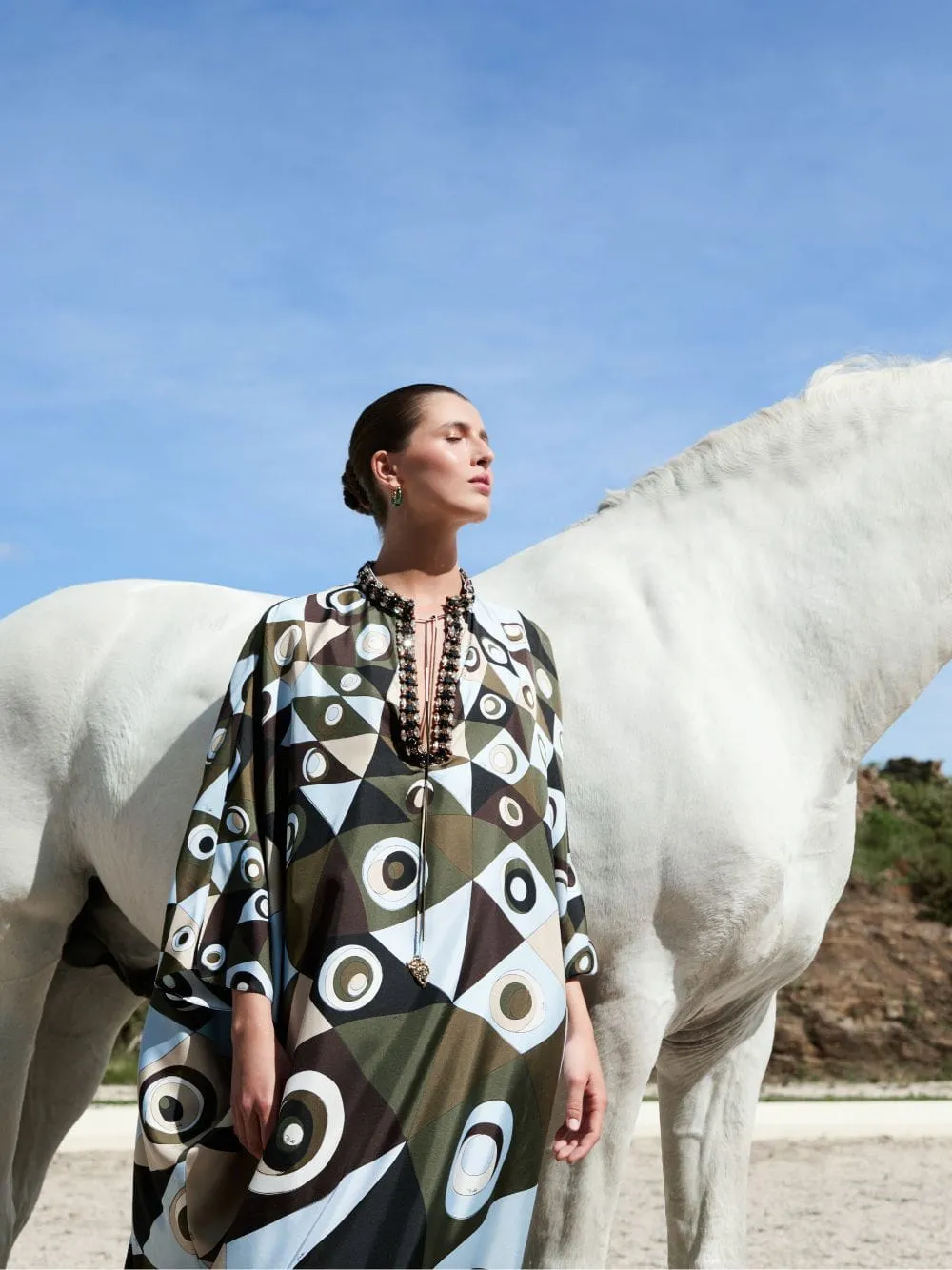 Khaki and Blue Occhi Silk Embellished Kaftan sold by Fashion Clinic