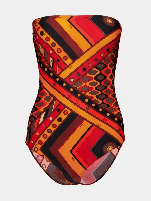 Black and Orange Vivara Print Bandeau Swimsuit made by Emilio Pucci