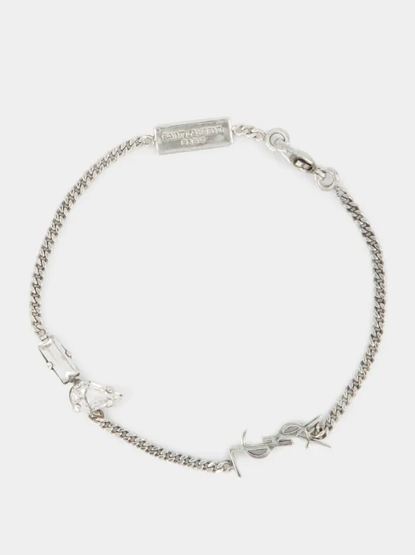 Oxidized Silver Cassandre Charm Bracelet with Rhinestones made by Yves Saint Laurent