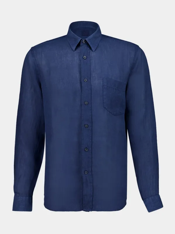 Navy Blue Linen Long-Sleeved Shirt made by Fashion Clinic