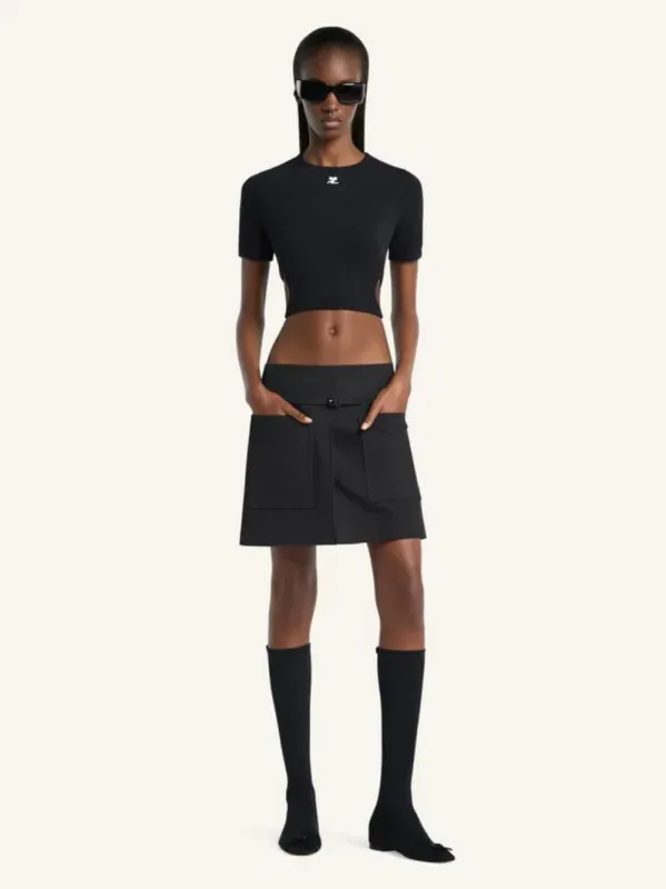 Black Cut-Out Ribbon Cropped T-Shirt made by Courreges