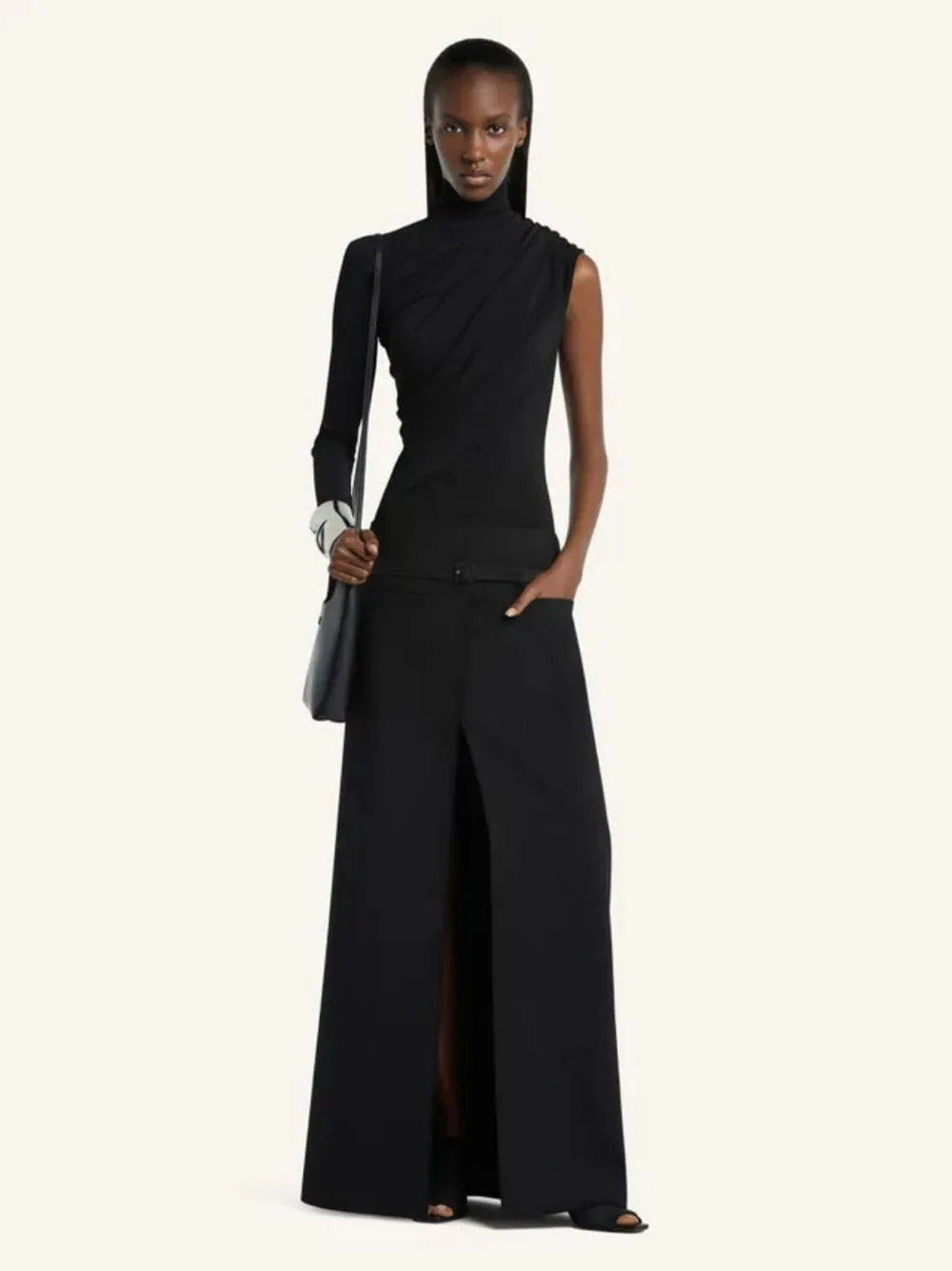 Black Long Wool Skirt with Belt sold by Fashion Clinic