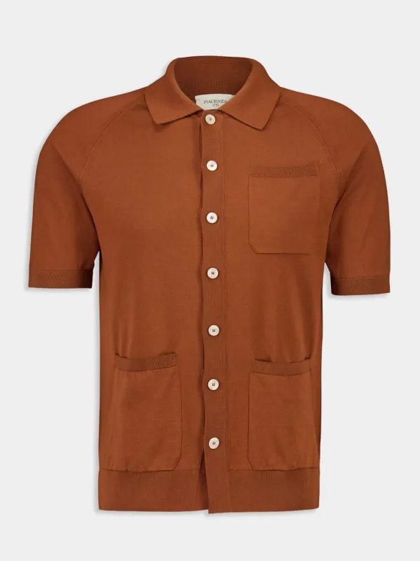 Brick Red Short-Sleeve Button-Up Shirt made by Fashion Clinic