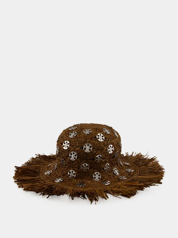 Dark Brown Raffia Bucket Hat with 1969 Discs made by Rabanne