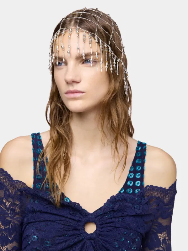 Silver Crocheted Sequin and Bead Headpiece made by Rabanne