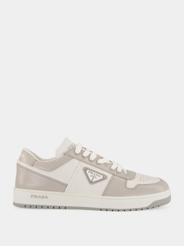 White and Grey Downtown Leather Low-Top Sneakers made by Prada
