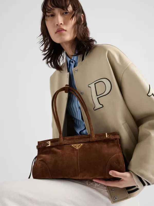 Cocoa Brown Bonnie Medium Suede Handbag made by Prada