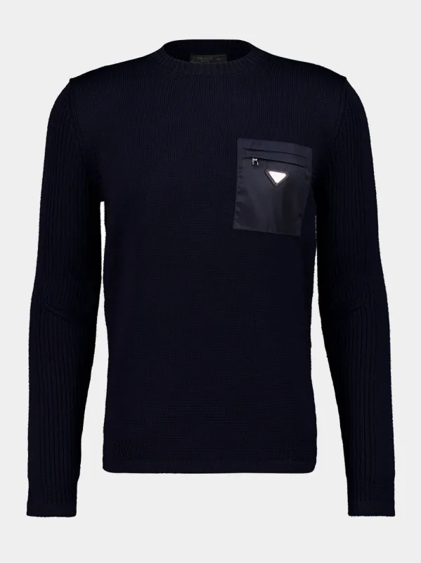 Navy Blue Virgin Wool Crew Neck Sweater made by Prada