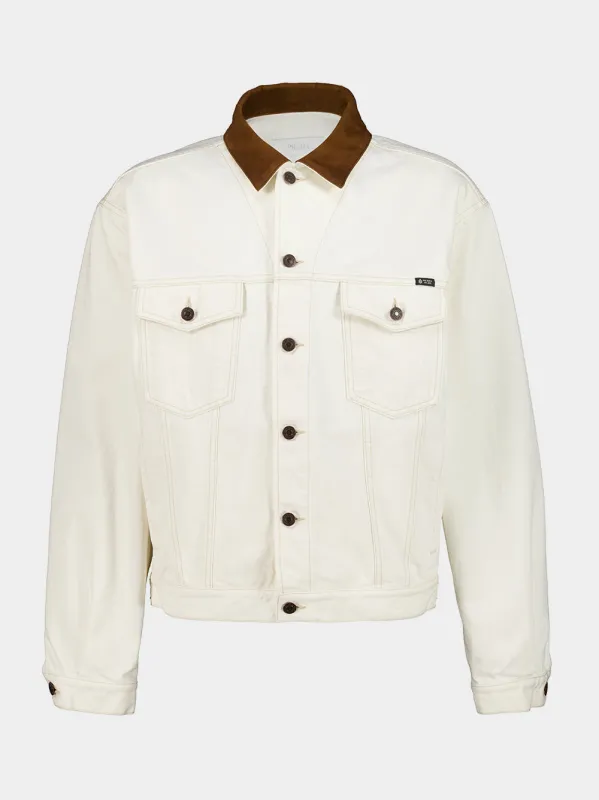 White Old Denim Jacket with Leather Collar made by Prada
