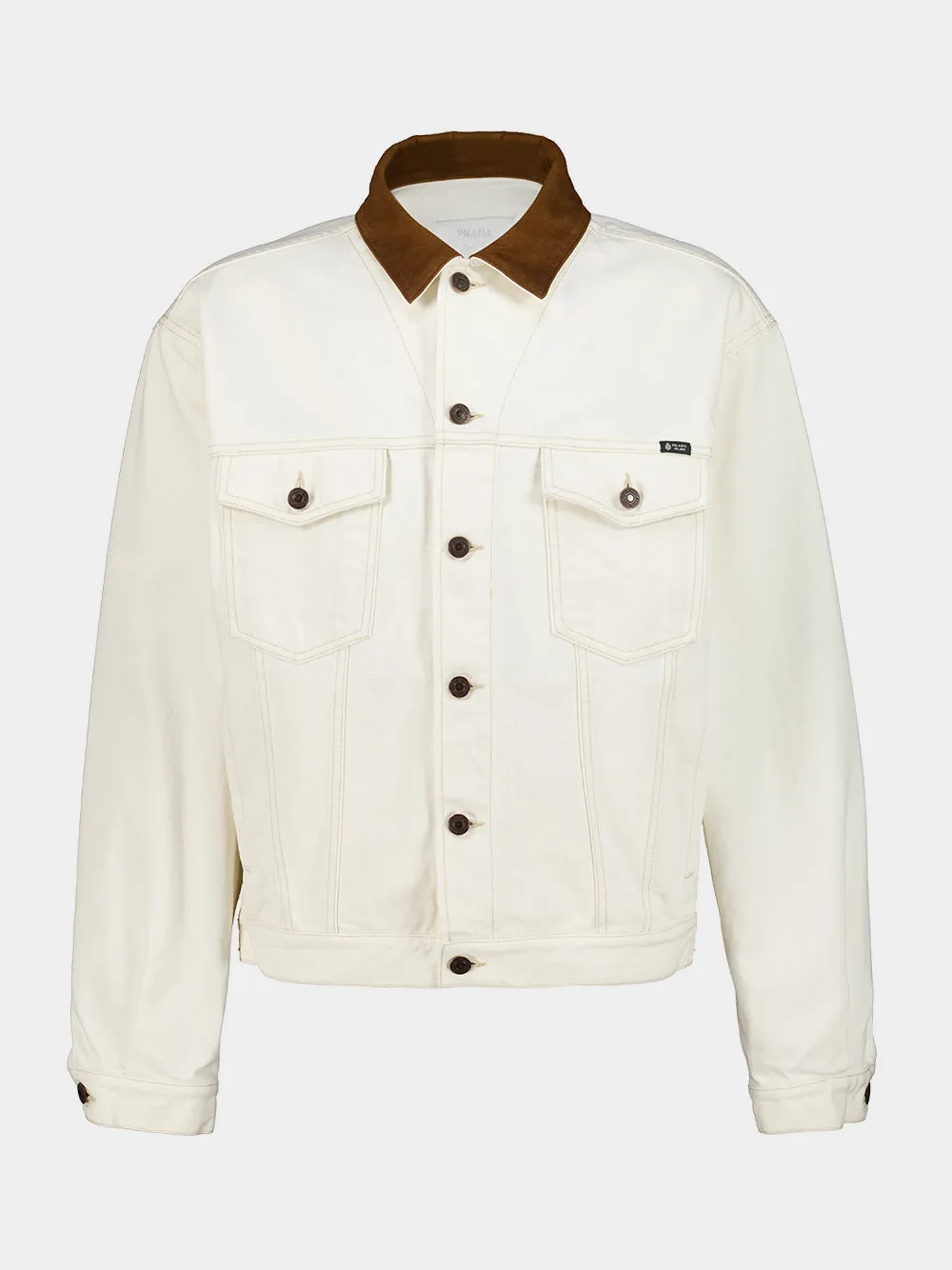 White Old Denim Jacket with Leather Collar sold by Fashion Clinic