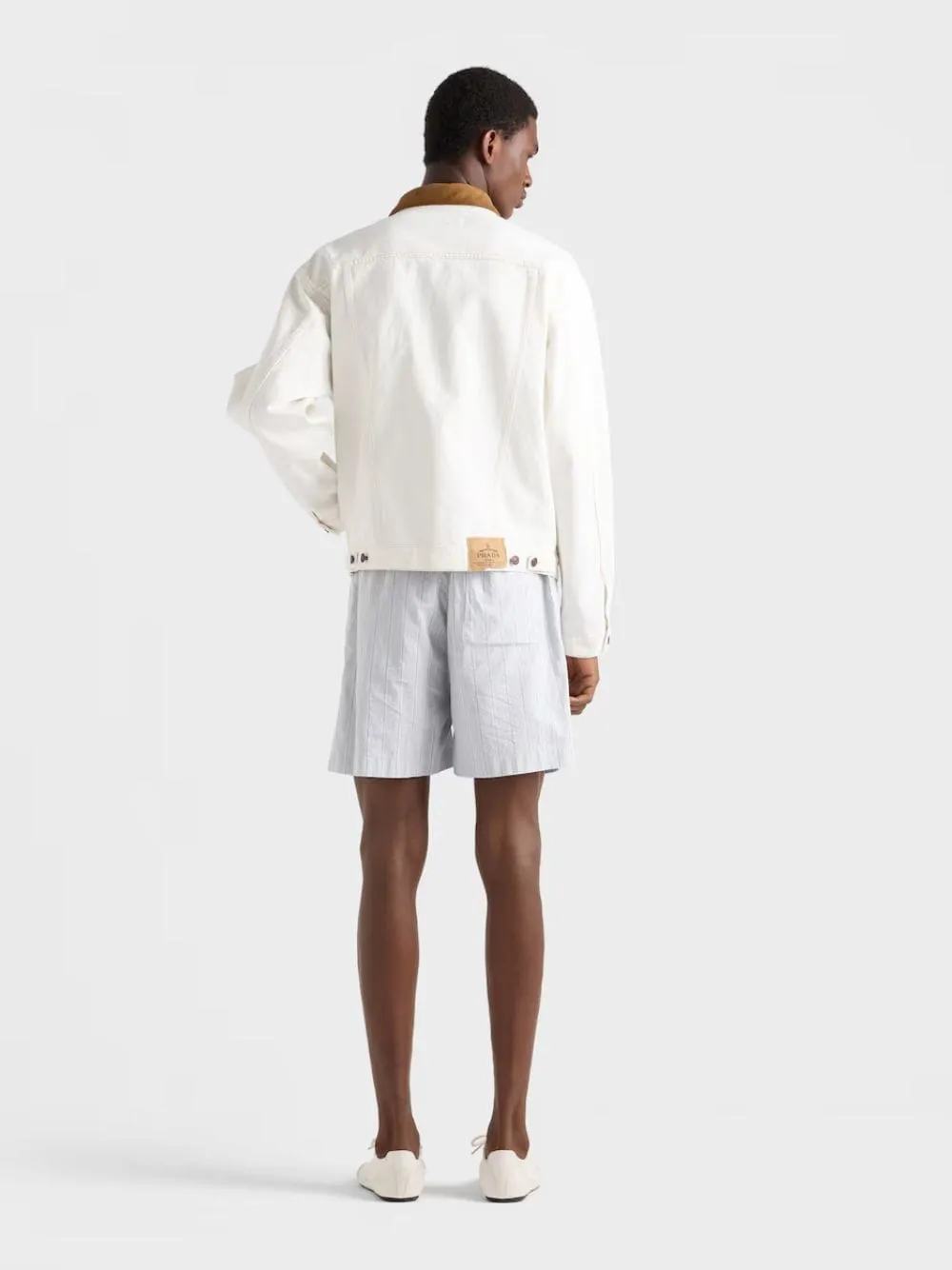 White Old Denim Jacket with Leather Collar sold by Fashion Clinic product image thumbnail 4