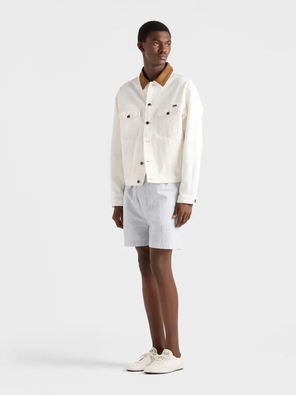White Old Denim Jacket with Leather Collar sold by Fashion Clinic product image thumbnail 2