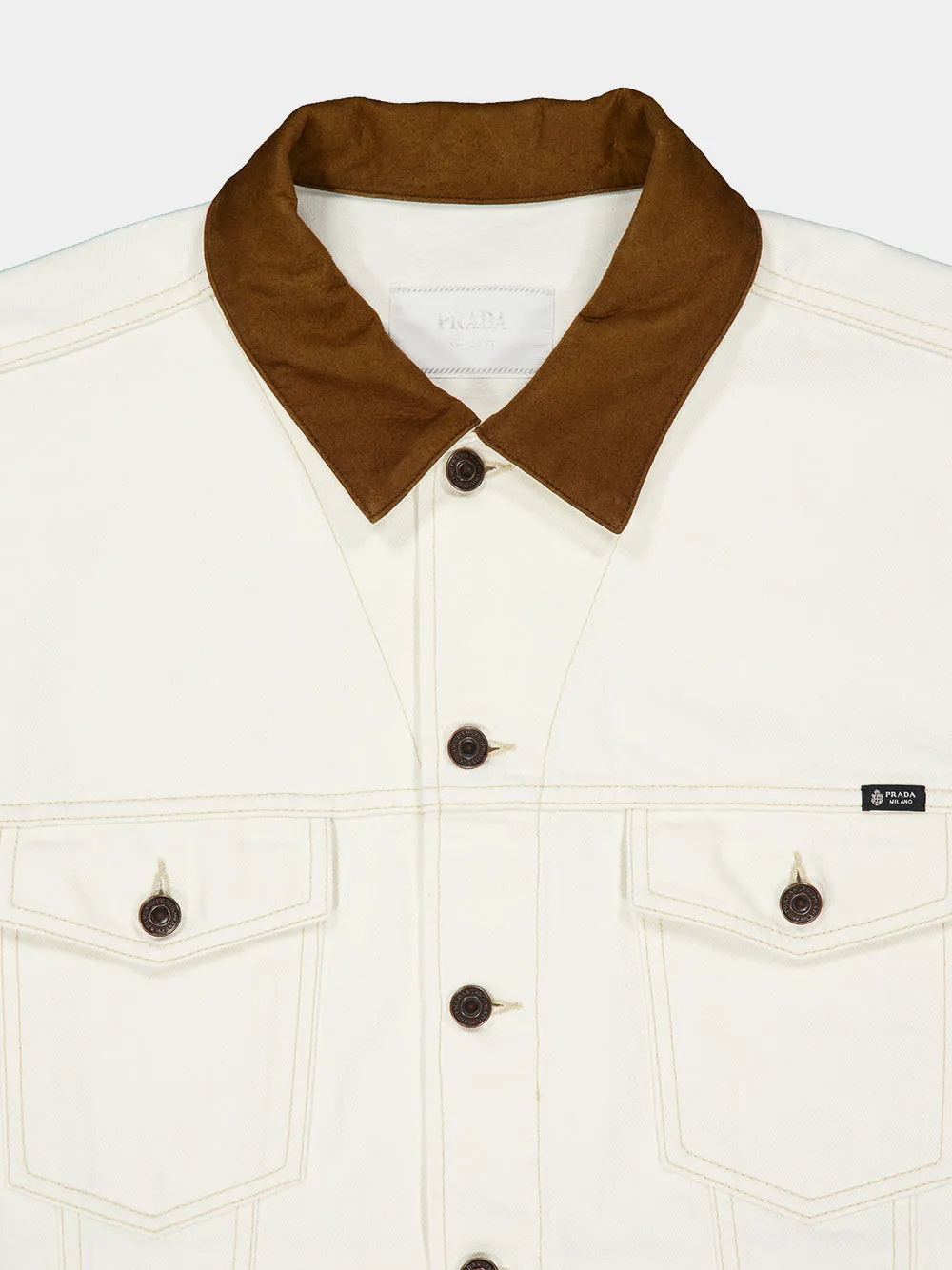 White Old Denim Jacket with Leather Collar sold by Fashion Clinic product image thumbnail 5
