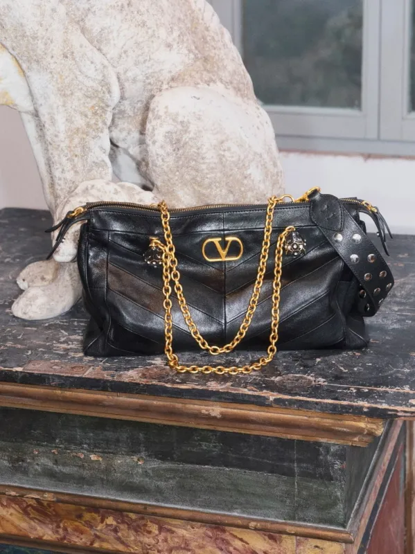Black Panthea Chevron Nappa Leather Shoulder Bag made by Valentino Garavani
