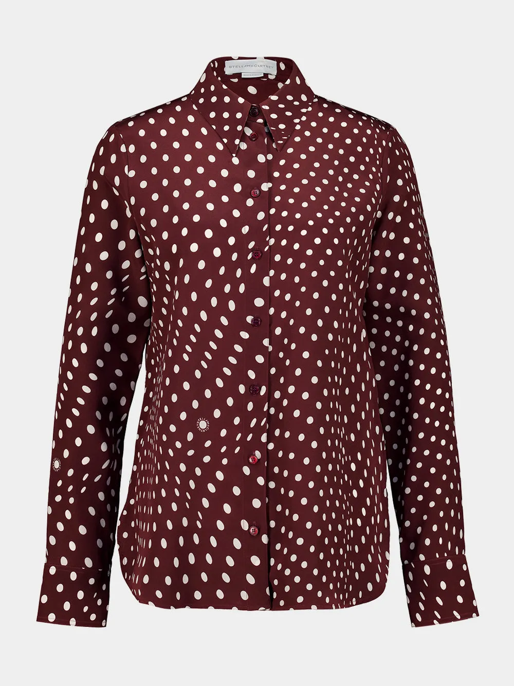 Burgundy and Cream Polka Dot Printed Silk Shirt sold by Fashion Clinic
