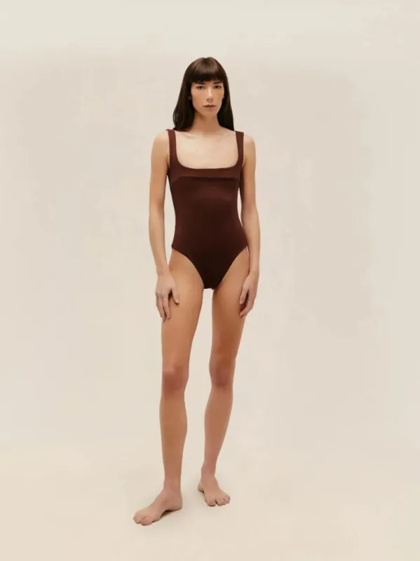 Brown Gabi Crepe Straight Neck Swimsuit made by Haight