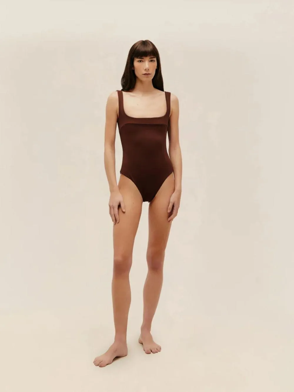 Brown Gabi Crepe Straight Neck Swimsuit sold by Fashion Clinic