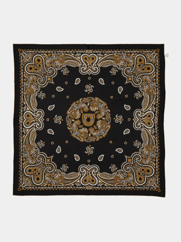 Black and Gold Arabesque Silk Scarf made by Salvatore Ferragamo