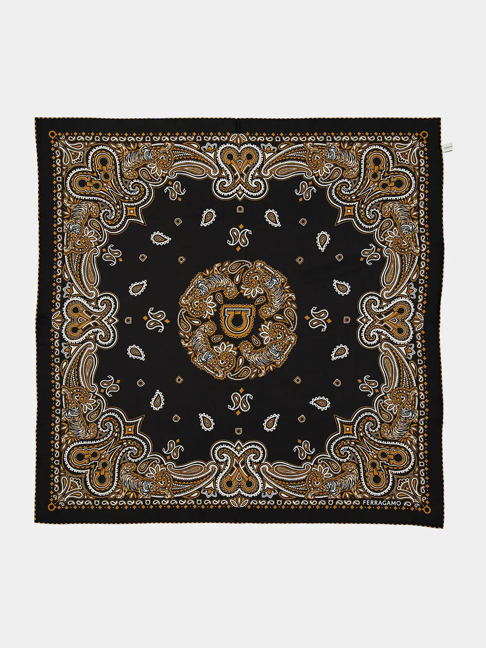 Black and Gold Arabesque Silk Scarf sold by Fashion Clinic